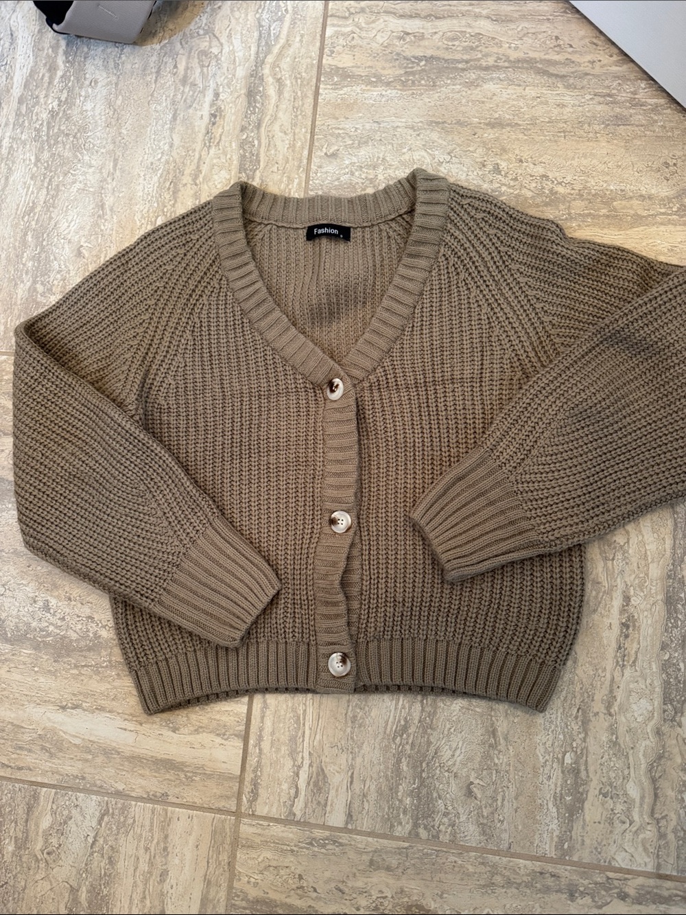 Chunky Taupe Button-Front V-Neck Cardigan